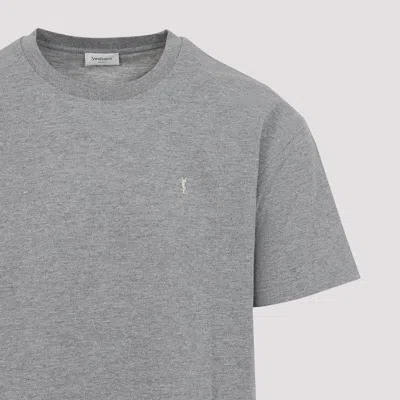 Saint Laurent Grey Crewneck T-shirt With Cassandre Embroidery In Cotton Man In Gray