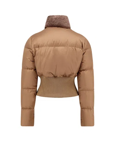 Fendi Short Padded Down Jacket With Shearling Collar Clothing In Brown