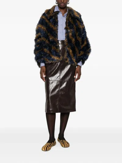 Dries Van Noten Striped Faux Fur Collared Cardigan Jacket In Multi