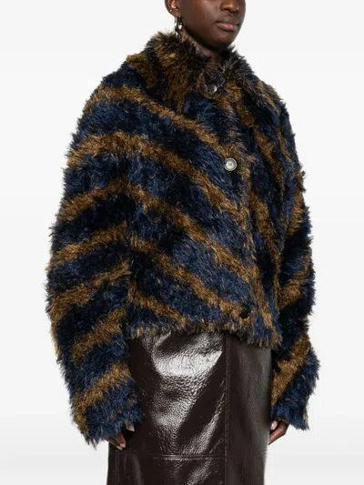 Dries Van Noten Striped Faux Fur Collared Cardigan Jacket In Multi