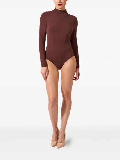 Wolford High Neck Long Sleeve Stretch Body In Burgundy