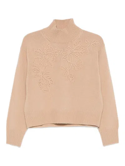 Ermanno Firenze Floral Ribbed Turtleneck Long Sleeve Knitwear In Neutral