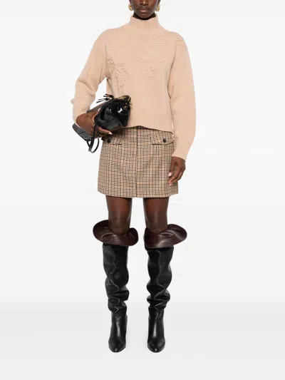 Ermanno Firenze Floral Ribbed Turtleneck Long Sleeve Knitwear In Neutral