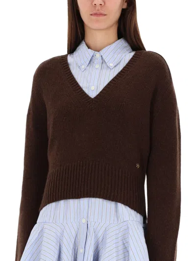 Ganni V-neck Sweater In Brown