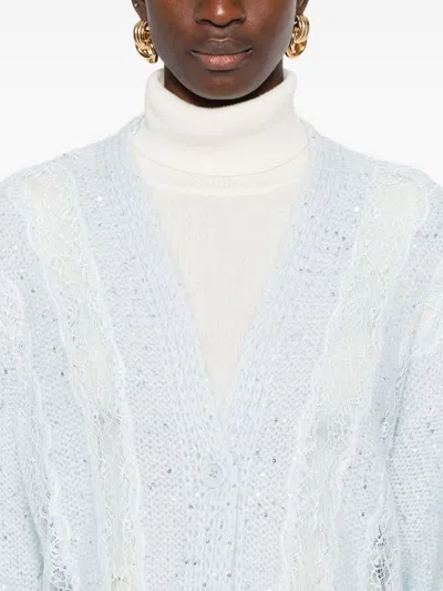 Ermanno Firenze Cable Knit Cardigan With Lace And Sequins In Blue