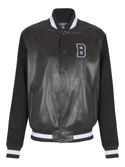 Balmain Varsity Bomber Jacket With Leather And Wool In Black