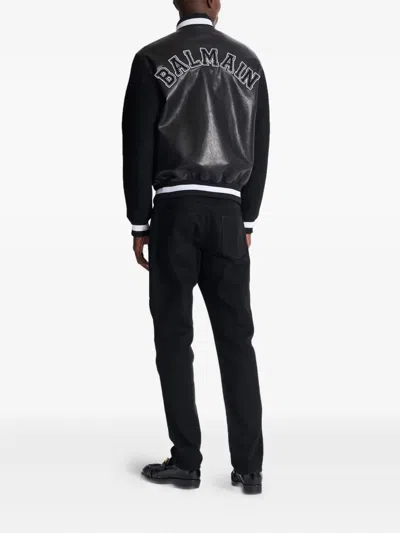 Balmain Varsity Bomber Jacket With Leather And Wool In Black