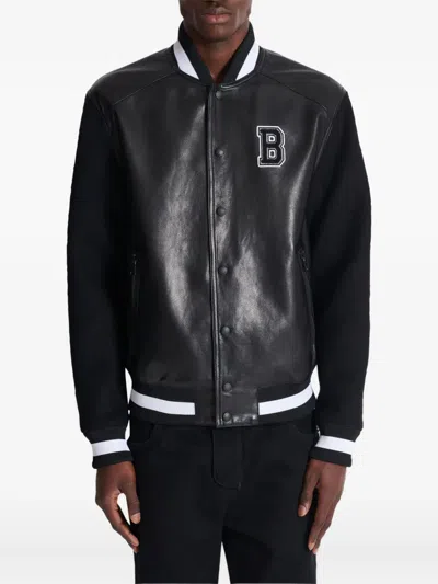 Balmain Varsity Bomber Jacket With Leather And Wool In Black