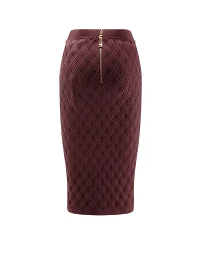 Elisabetta Franchi Diamond Knit Skirt With Merlot Jewel Detail In Burgundy