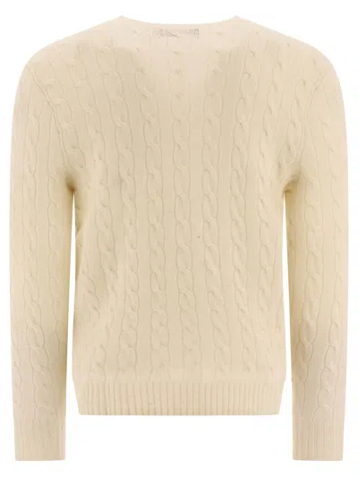 Polo Ralph Lauren White Cable Knit Crewneck Sweater With Pony Embroidery On The Front In Wool And Cashmere Man In Neutral