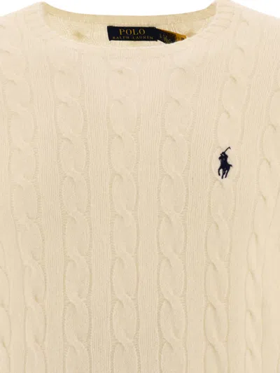 Polo Ralph Lauren White Cable Knit Crewneck Sweater With Pony Embroidery On The Front In Wool And Cashmere Man In Neutral