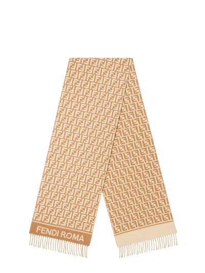 Fendi Ff Monogram Wool And Cashmere Fringed Scarf In Neutral