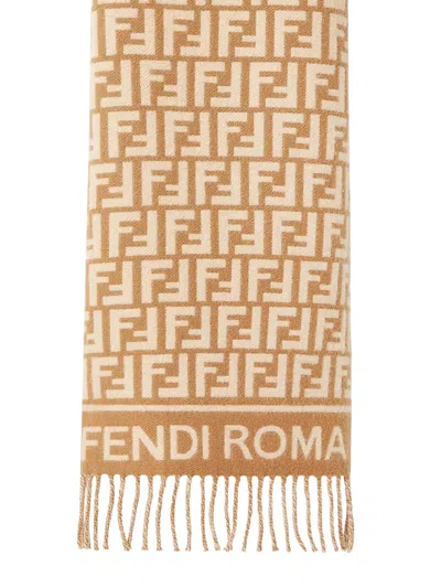 Fendi Ff Monogram Wool And Cashmere Fringed Scarf In Neutral