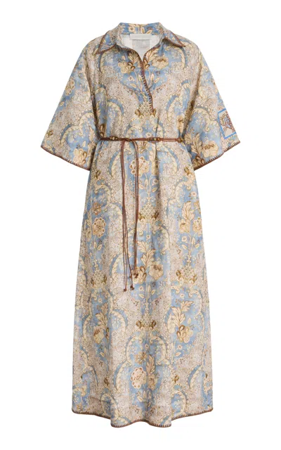 Zimmermann Daylight Belted Printed Linen Midi Dress In Multi