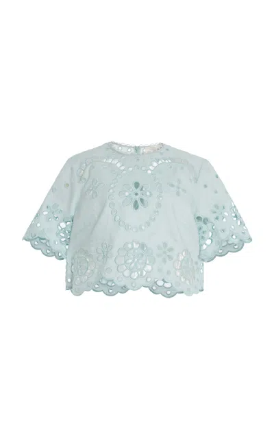 Zimmermann Cropped Linen Top With Scalloped Embroidery In Blue