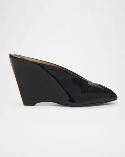 Ferragamo Leather Mules With Wedge Heel And Glossy Finish In Black