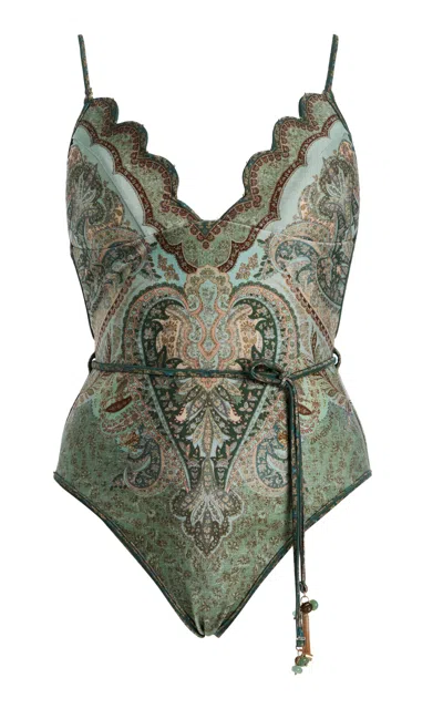 Zimmermann Wanderlust Belted Embellished Scalloped Printed Swimsuit In Green