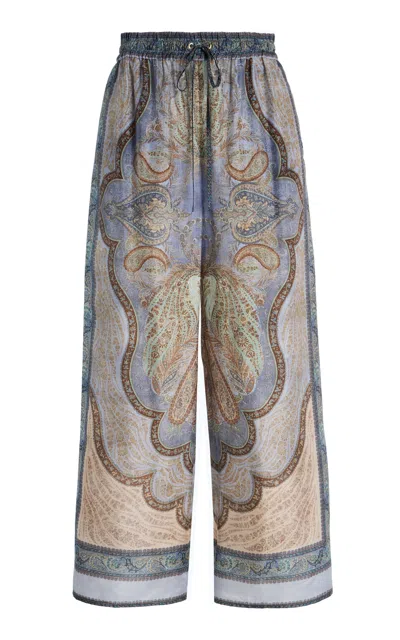 Zimmermann Wanderlust Patterned Wide-leg Silk Trousers In Blue