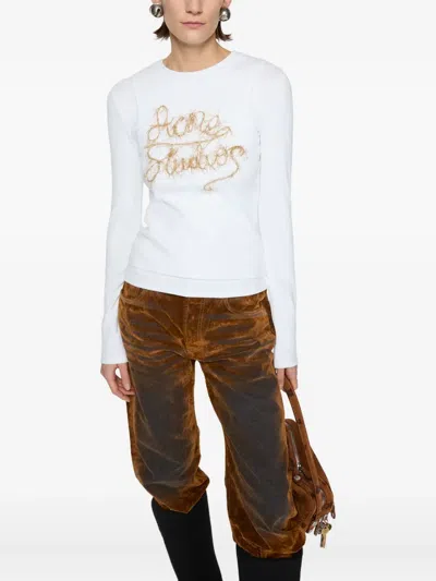 Acne Studios Elga Tinsel Logo Rib Long Sleeve Layered T-shirt In White
