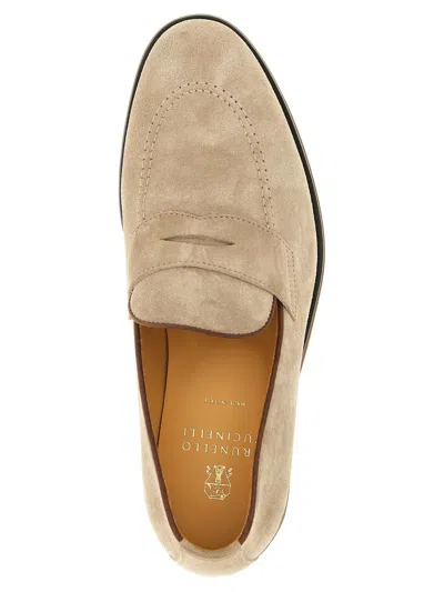 Brunello Cucinelli Suede Round Toe Stitched Loafers In Neutral