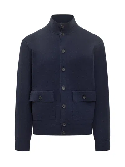 Filippo De Laurentiis Blue Wool Cardigan With Pockets And High Collar In Blue