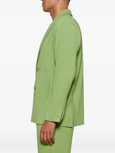 Issey Miyake Pleated Double-breasted Jacket In Green