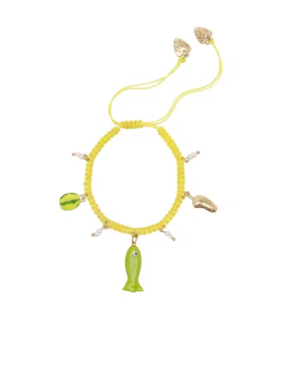 Alemais Macrame Bracelet With Fish And Pearl Charms In Gold