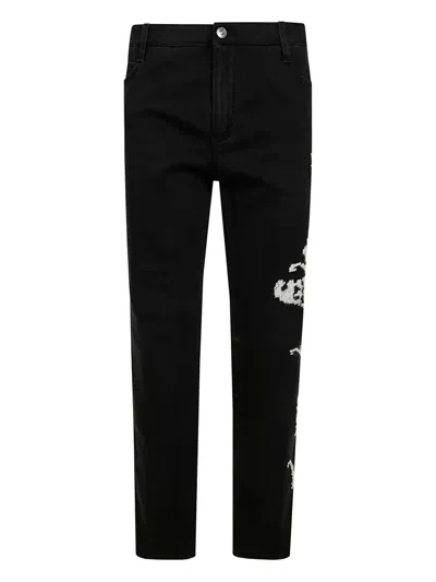 Ermanno Scervino Straight-leg Black Jeans With Artistic Embroidery In Black
