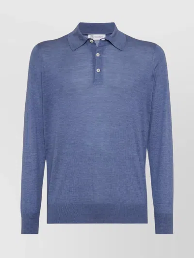Brunello Cucinelli Long Sleeve Polo Sweater With Ribbed Cuffs And Hem In Blue