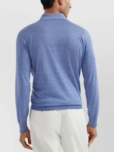 Brunello Cucinelli Long Sleeve Polo Sweater With Ribbed Cuffs And Hem In Blue