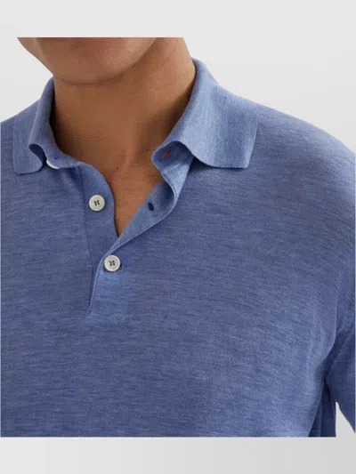 Brunello Cucinelli Long Sleeve Polo Sweater With Ribbed Cuffs And Hem In Blue