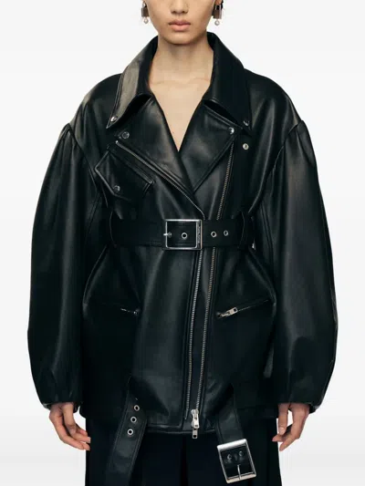 Simone Rocha Belted Leather Jacket In Green