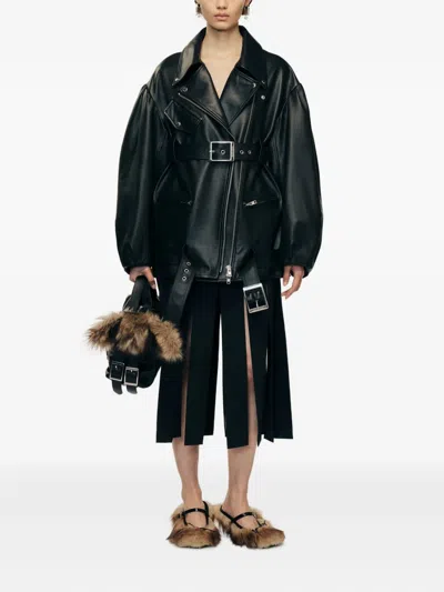 Simone Rocha Belted Leather Jacket In Green