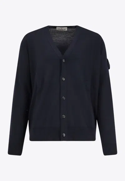 Stone Island Compass Patch Wool Cardigan In Blue