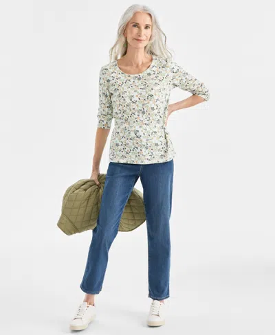 Style & Co Petite Floral Print Long Sleeve Top In Multi