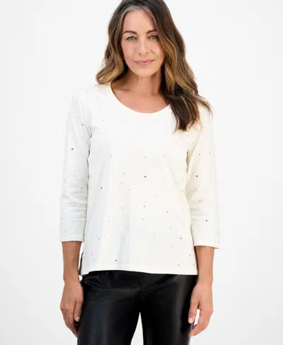 Jm Collection Petite Cotton Scoop-neck Rhinestone 3/4-sleeve Top, Macy's Exclusive In White