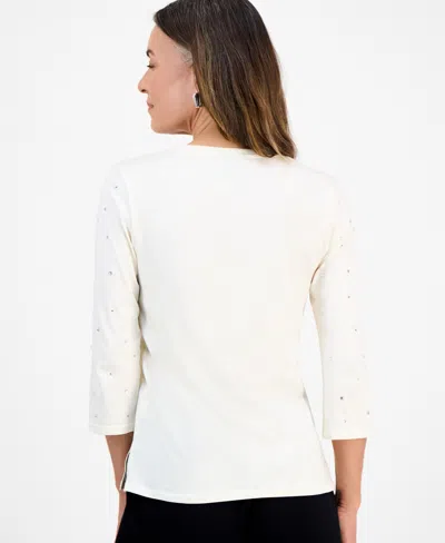 Jm Collection Petite Cotton Scoop-neck Rhinestone 3/4-sleeve Top, Macy's Exclusive In White