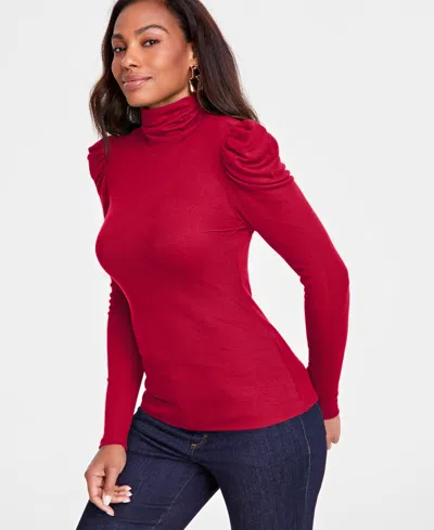 Inc International Concepts Women's Mock-neck Puff-sleeve Top, Created For Macy's In Red