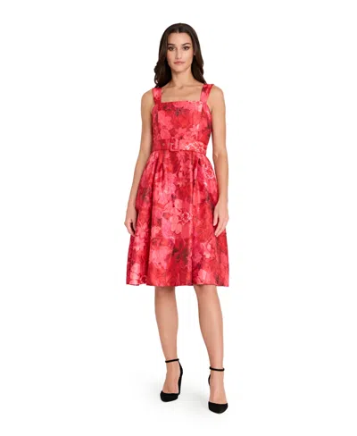 Tahari Asl Floral Print Crinkle Belted Dress In Red