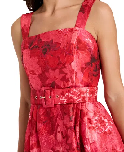 Tahari Asl Floral Print Crinkle Belted Dress In Red
