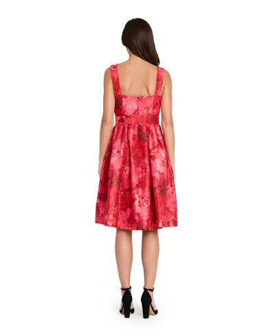 Tahari Asl Floral Print Crinkle Belted Dress In Red