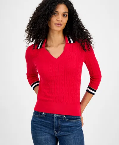 Tommy Hilfiger Women's Spread-collar Cotton Sweater In Red