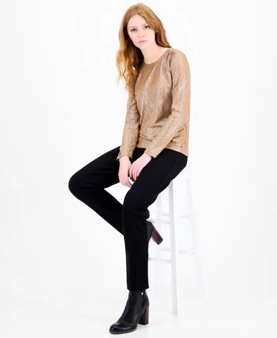 Tommy Hilfiger Women's Shine Ribbed Knit Long-sleeve Top In Brown