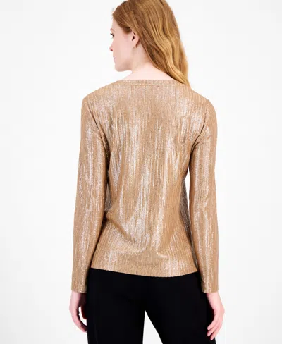 Tommy Hilfiger Women's Shine Ribbed Knit Long-sleeve Top In Brown