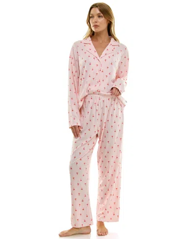 Sincerely Jules Women's Long Sleeve Top And Bottom 2-piece Notch Collar Set In Pink
