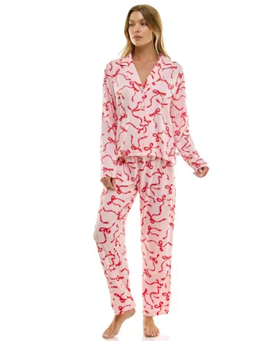 Sincerely Jules Women's Long Sleeve Top And Bottom 2-piece Notch Collar Set In Pink