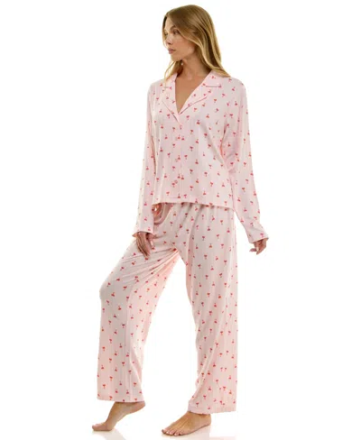 Sincerely Jules Women's Long Sleeve Top And Bottom 2-piece Notch Collar Set In Pink