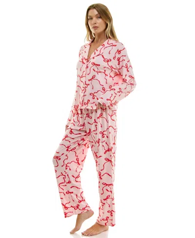 Sincerely Jules Women's Long Sleeve Top And Bottom 2-piece Notch Collar Set In Pink