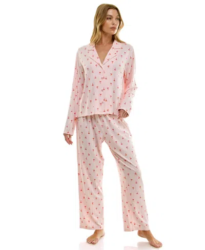 Sincerely Jules Women's Long Sleeve Top And Bottom 2-piece Notch Collar Set In Pink