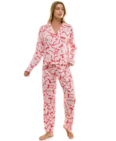 Sincerely Jules Women's Long Sleeve Top And Bottom 2-piece Notch Collar Set In Pink